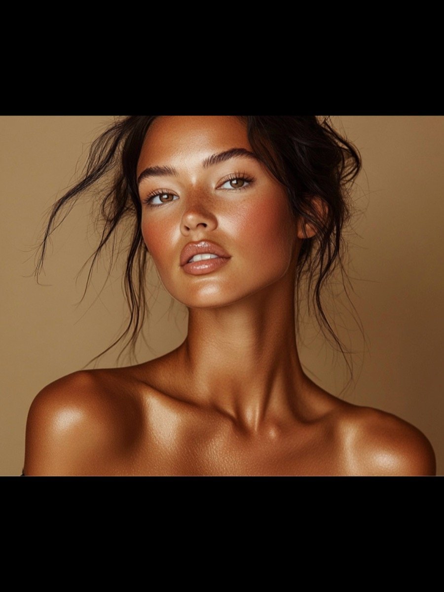 Close-up bronzed beauty portrait with glowing skin